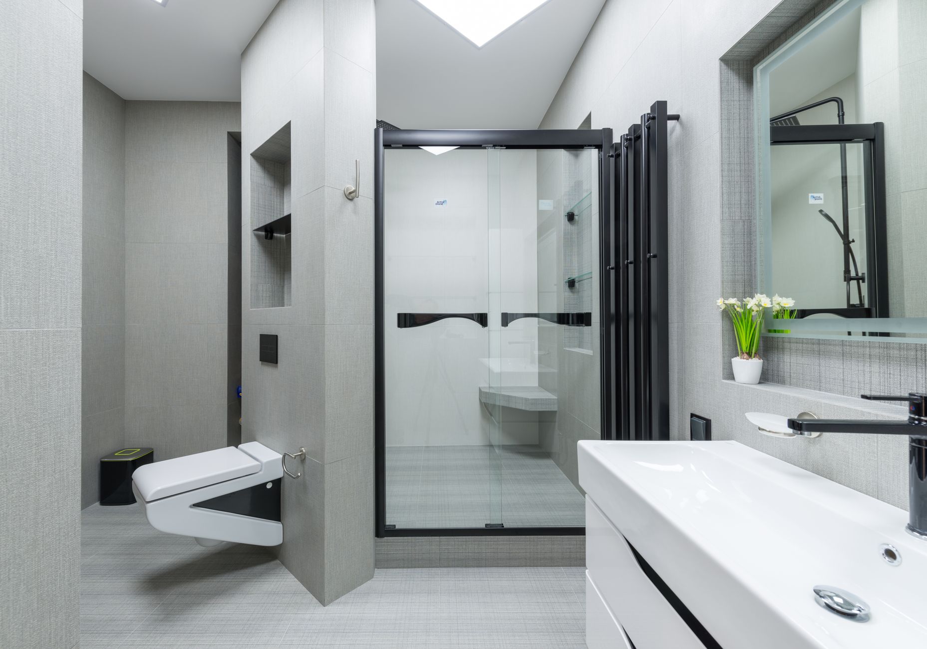 Salle de bain avec douche et toilettes