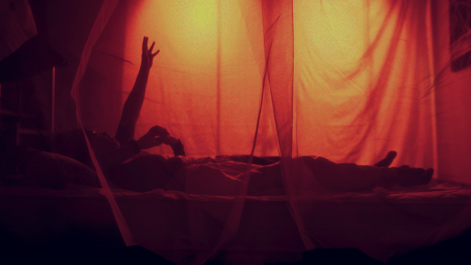 Silhouette allongée sous une moustiquaire